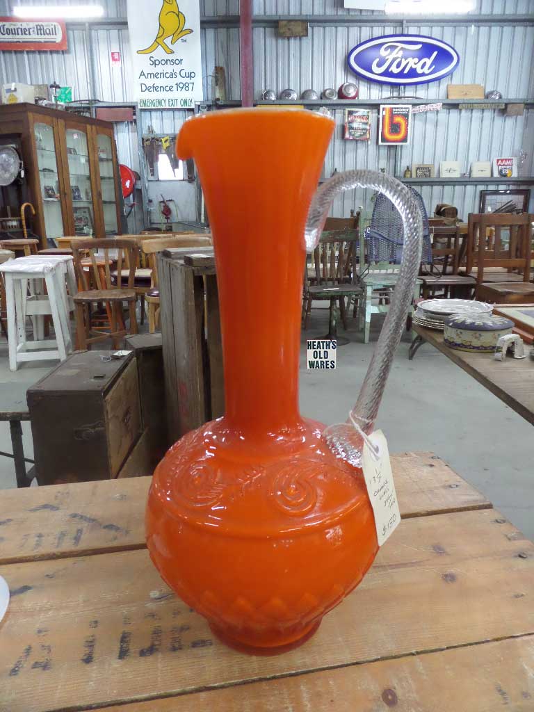 Tall orange jug vase for sale at Heath's Old Wares, Collectables, Industrial Antiques, 19 -21 Broadway Burringbar NSW 2483 Ph 0266771181 Open 7 days