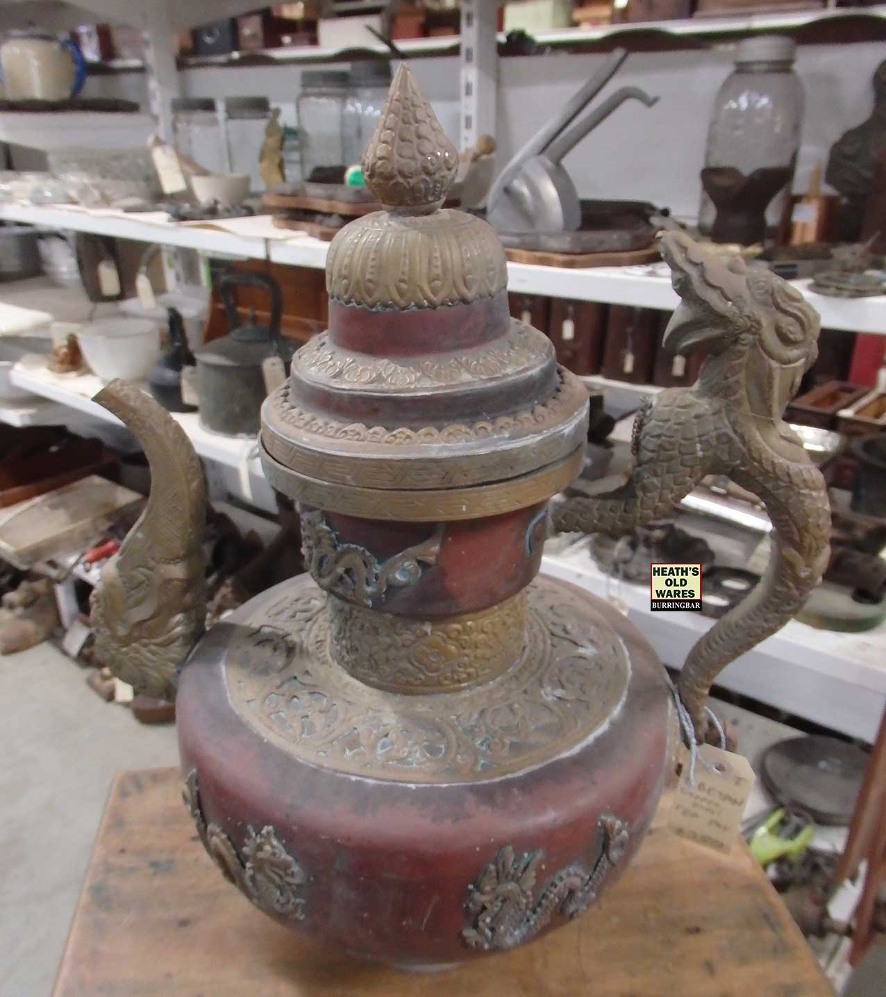 Tibetan teapot for sale at Heaths Old Wares, Collectables, Antiques & Industrial Antiques, 19-21 Broadway, Burringbar NSW 2483 Ph 0266771181 open 7 days