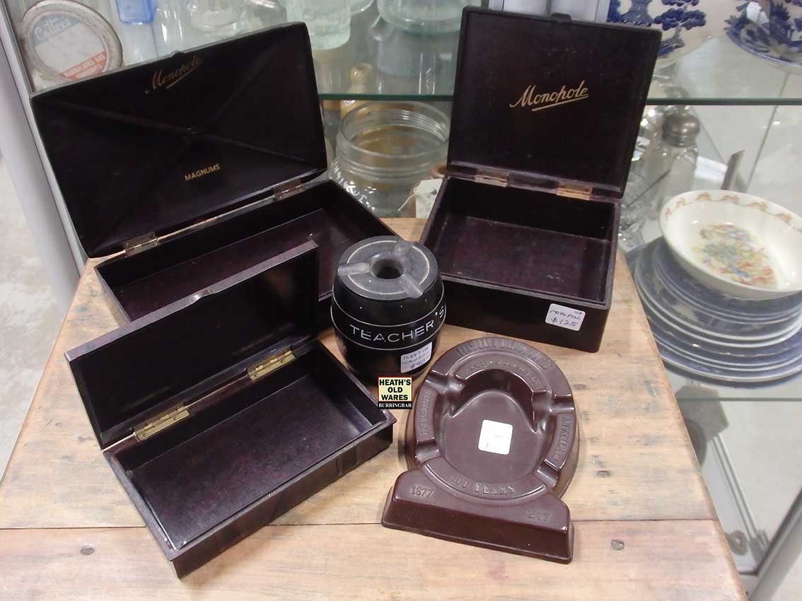 Bakelite cigar boxes for sale at Heaths Old Wares, Collectables, Antiques & Industrial Antiques, 19-21 Broadway, Burringbar NSW 2483 Ph 0266771181 open 7 days