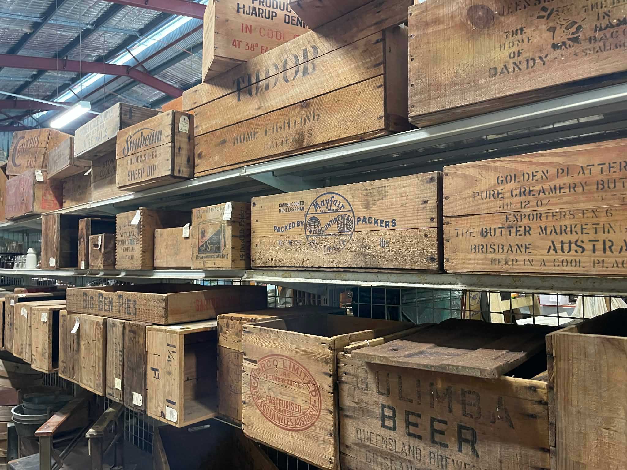 Antique and vintage crates and wooden boxes for sale at Heaths Old Wares, Collectables, Antiques & Industrial Antiques, 19-21 Broadway, Burringbar NSW 2483 Ph 0414860587 open 7 days