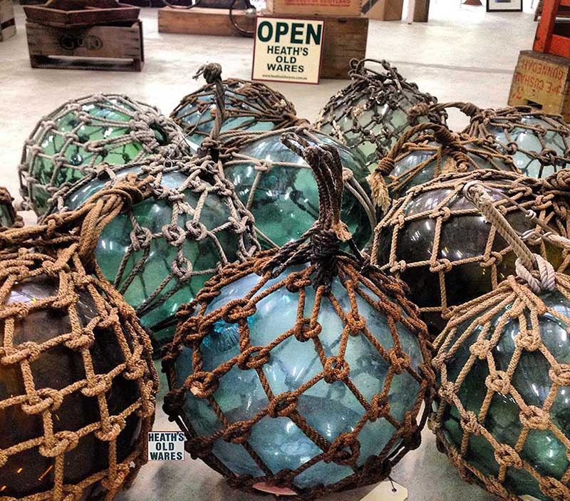 Original Glass Fishing Floats for sale at Heaths Old Wares, Collectables & Industrial Antiques, 19-21 Broadway, Burringbar NSW 2483 Ph 0266771181