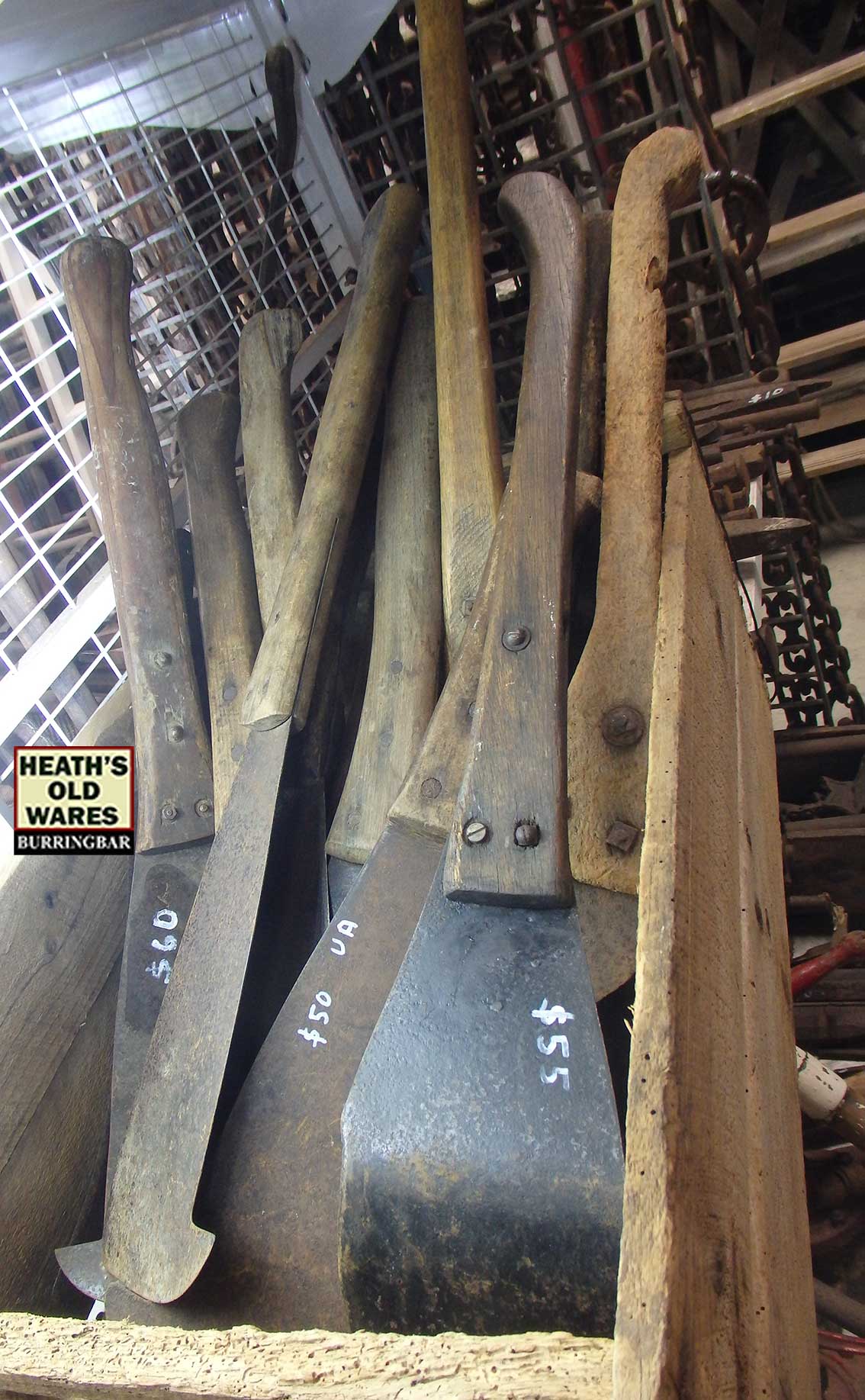 Old used cane knives for sale at Heaths Old Wares, Collectables, Antiques & Industrial Antiques, 19-21 Broadway, Burringbar NSW 2483. Ph: 02 6677 1181 open 7 days